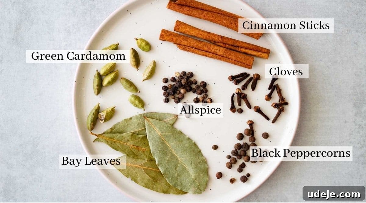 Authentic Iraqi Quzi: Slow-Cooked Lamb on Aromatic Rice 5 A white plate displays classic Quzi spices—cinnamon sticks, green cardamom pods, cloves, black peppercorns, allspice, and bay leaves—each labeled with text for easy identification. The background is light gray.