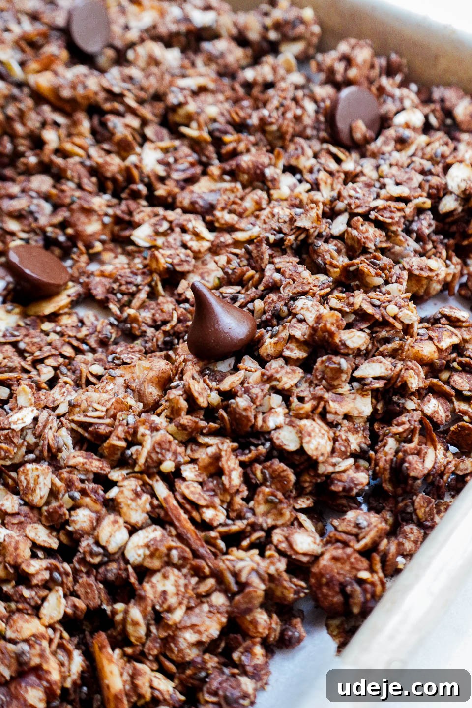 Wholesome Vegan & Gluten-Free Chocolate Granola 3 Crunchy homemade chocolate granola with oats and nuts on a baking sheet