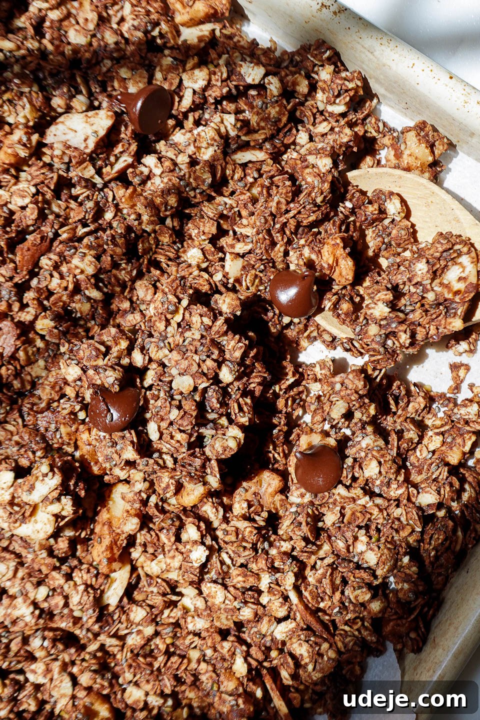 Wholesome Vegan & Gluten-Free Chocolate Granola 4 Overhead shot of chocolate granola with dark chocolate chips and nuts