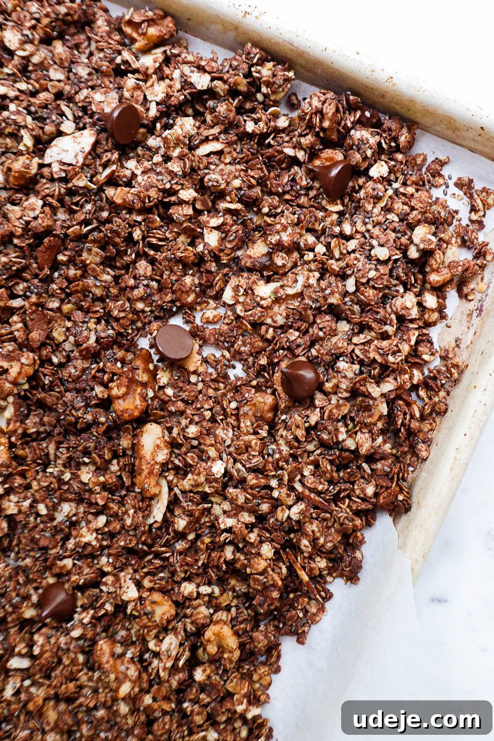 Wholesome Vegan & Gluten-Free Chocolate Granola 5 Crunchy healthy chocolate granola with oats and nuts on a baking sheet