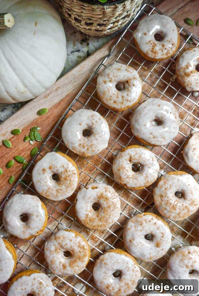 Plant-Based Pumpkin Spice Doughnuts 4 A stack of golden-brown Vegan Pumpkin Donuts, glazed with Maple Icing and ready to be enjoyed.