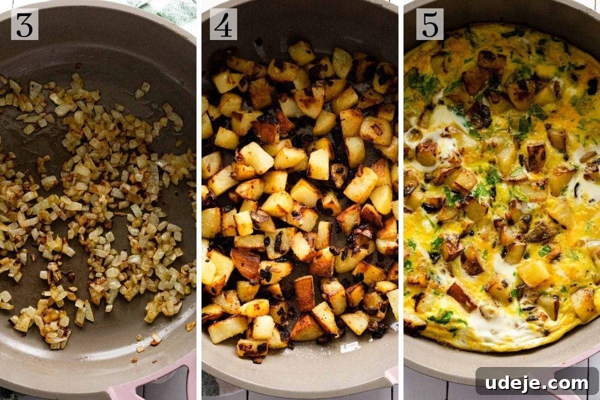 Lazy Sunday Potato Omelette 5 The step-by-step cooking process of a potato omelette, showing onions caramelizing, followed by cubed potatoes cooking, and finally the egg mixture being poured over.