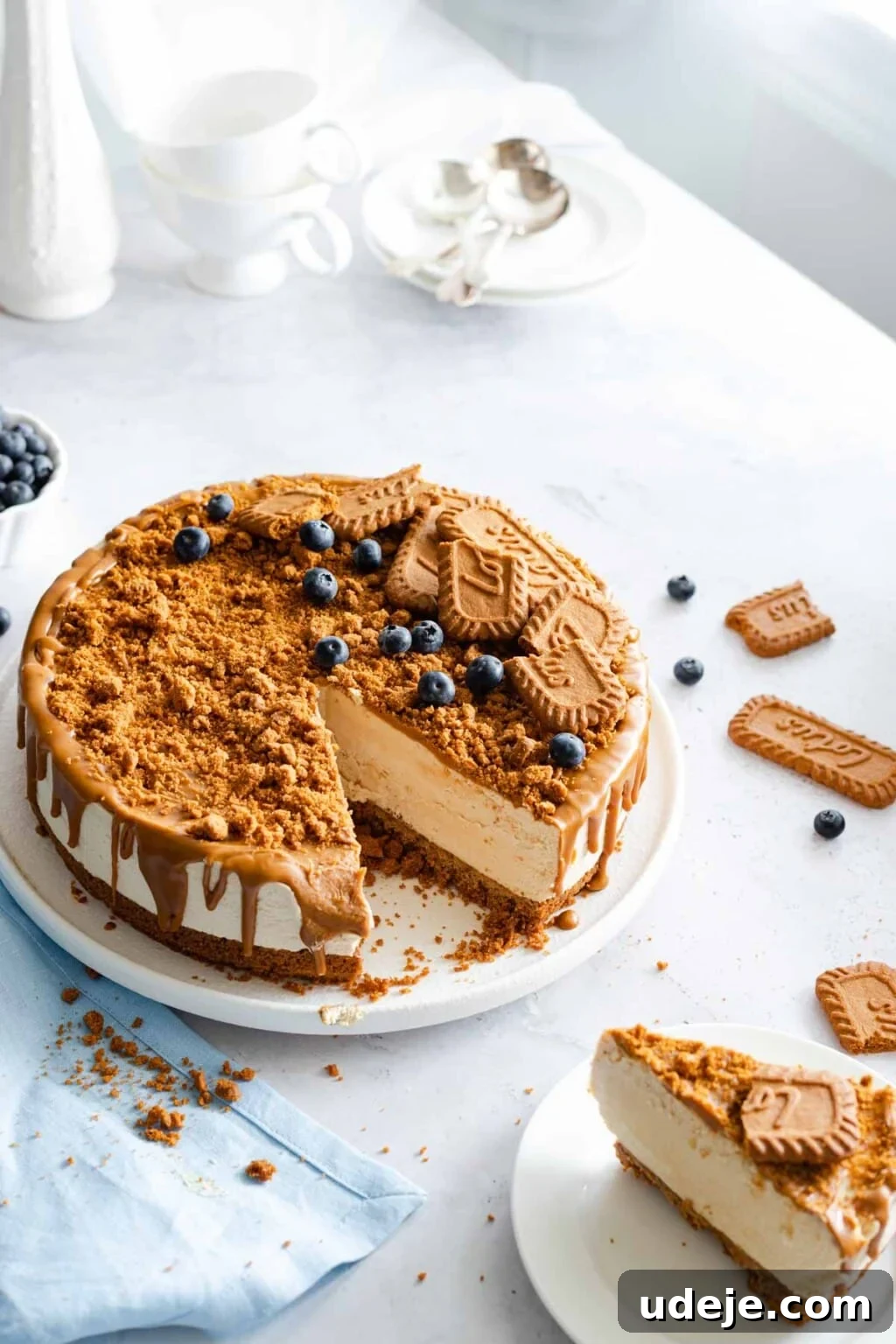 Effortless No Bake Biscoff Cheesecake 2 A beautifully plated no-bake Biscoff cheesecake, garnished with whole Biscoff cookies and fresh blueberries, highlighting its rich layers and inviting texture.