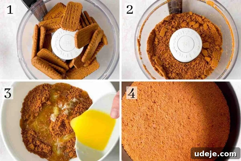 Effortless No Bake Biscoff Cheesecake 3 Visual steps illustrating the process of making a crunchy Biscoff cheesecake crust by crushing cookies and mixing with butter before pressing into a pan.