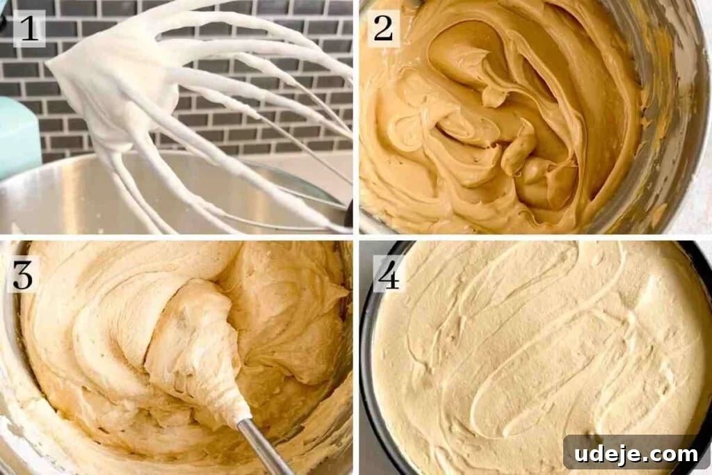 Effortless No Bake Biscoff Cheesecake 4 A step-by-step visual guide showing the preparation of the creamy Biscoff cheesecake filling, from whipping cream to mixing in cream cheese and Biscoff spread.