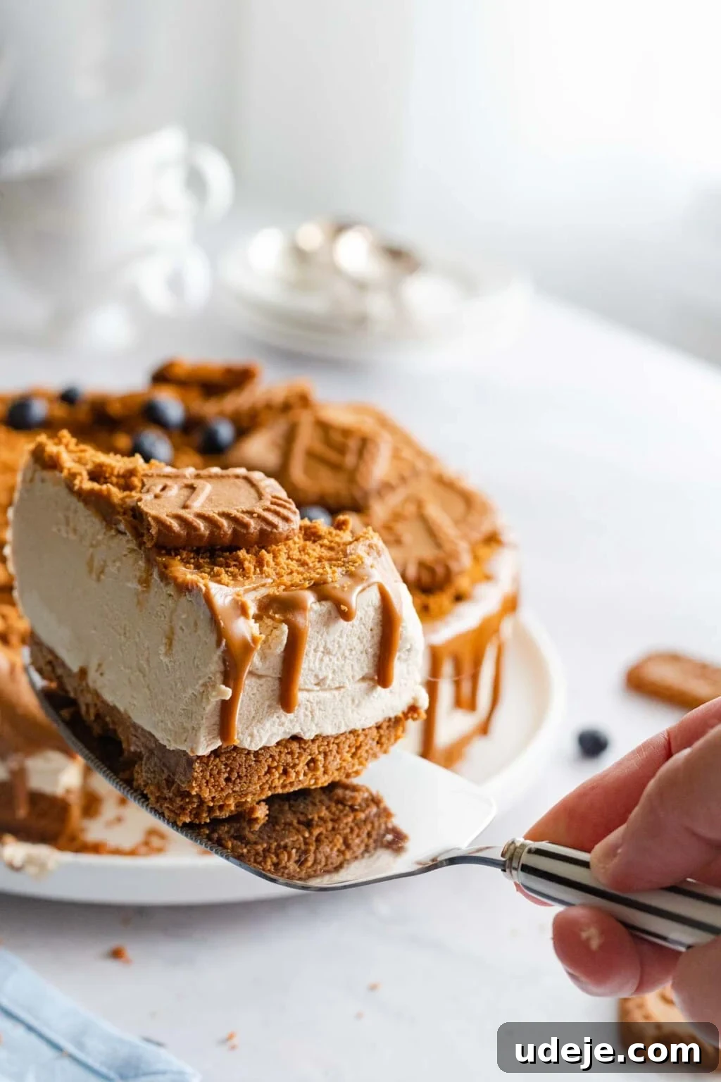 Effortless No Bake Biscoff Cheesecake 5 A hand holds up a perfect slice of easy no-bake Biscoff cheesecake, showcasing its rich layers and creamy texture.