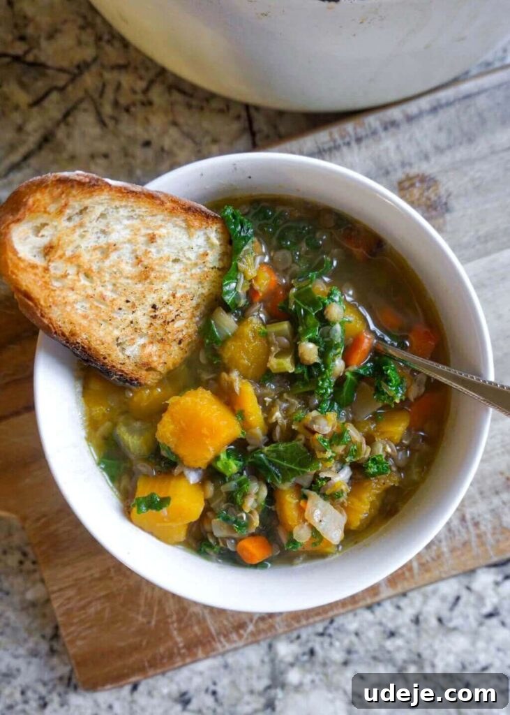 Nourishing Vegan Butternut Squash Lentil and Kale Soup 2 A vibrant bowl of homemade vegan butternut squash, lentil, and kale soup, garnished with fresh herbs, ready to be enjoyed. Perfect for a cozy autumn or winter meal.