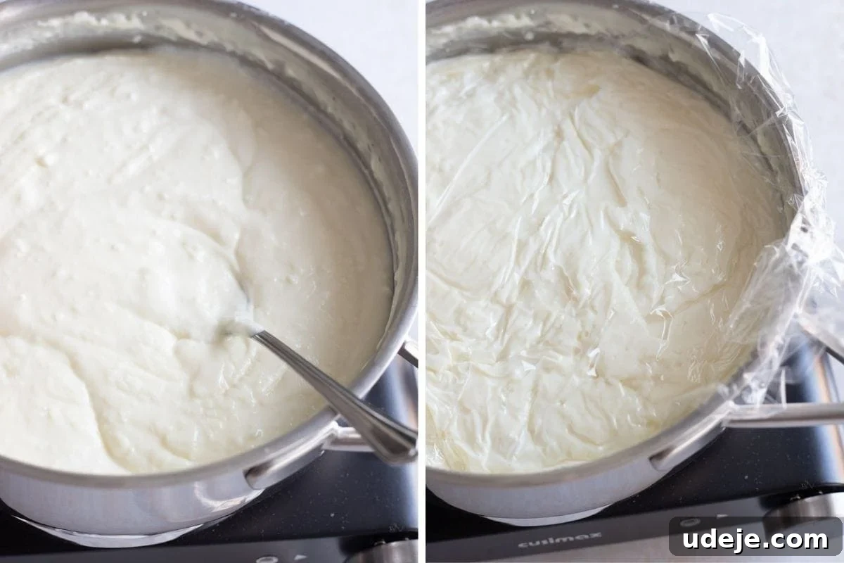 Preparing the creamy Ashta filling for Znoud El Sit Side-by-side images showing the preparation of Ashta: on the left, a saucepan with a creamy white mixture being stirred; on the right, the thickened cream is covered with plastic wrap, cooling on a stovetop, ensuring no film forms.