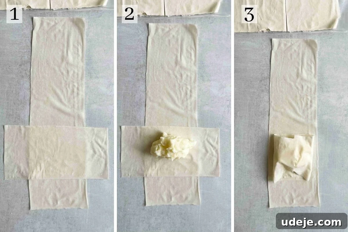 The technique for folding phyllo dough for Lady Fingers A three-step photo collage illustrating the initial stage of rolling Znoud El Sit: 1) Two sheets of phyllo dough arranged in a cross shape; 2) A dollop of creamy ashta filling placed precisely in the center; 3) The top, shorter phyllo sheet folded over the filling to secure it.