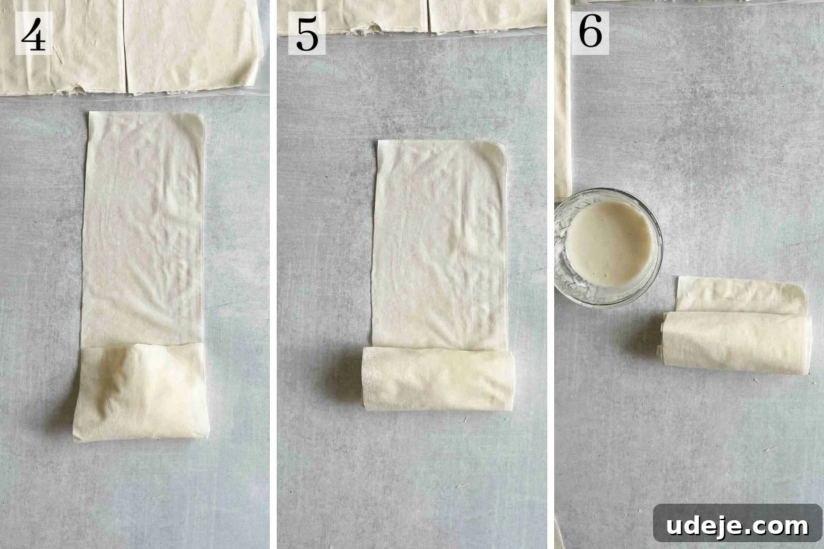 Completing the roll of Znoud El Sit with a secure seal A three-step photo sequence demonstrating the final stages of rolling Znoud El Sit: Image 4 depicts the dough being folded upwards from the bottom; Image 5 shows the roll halfway complete; Image 6 features an almost fully rolled pastry, with a small bowl of flour-water paste nearby, ready for sealing.