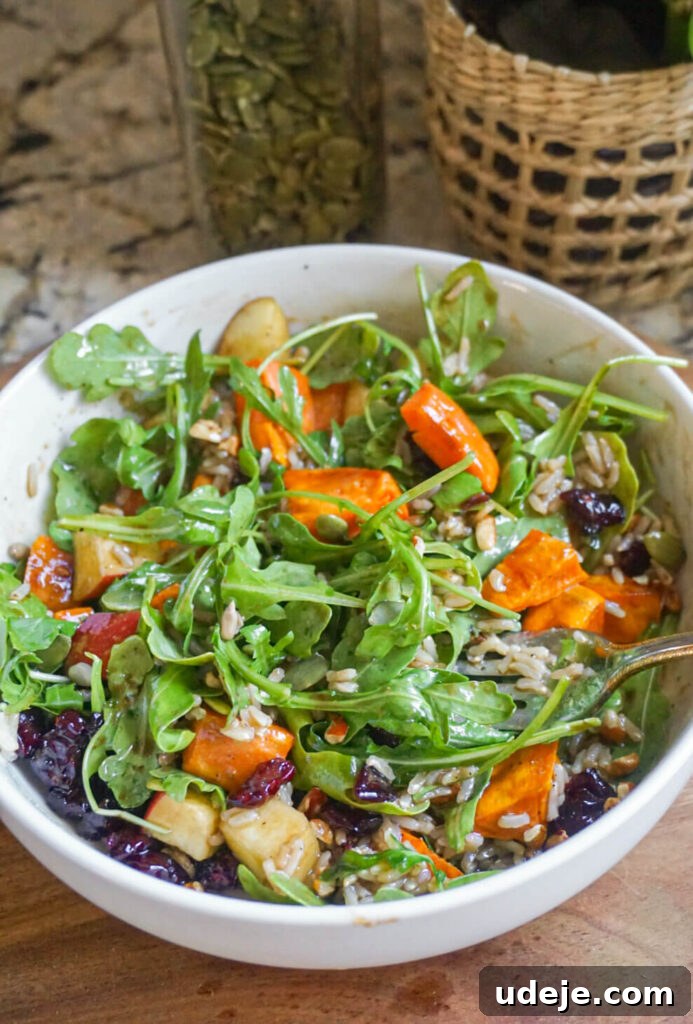 Autumn's Bounty Salad with Maple-Kissed Balsamic 2 Embrace the season with this colorful and wholesome Autumn Harvest Salad that features arugula, butternut squash, apple and other fall flavors, topped with a Maple Balsamic Vinaigrette.