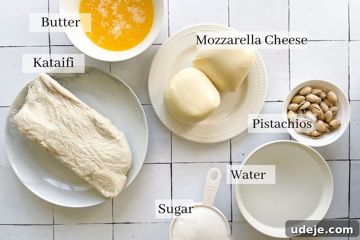 Mozzarella Kunafa Dream Made Simple 4 Ingredients for Kunafa which are kataifi dough, melted butter, mozzarella cheese, sugar, water, and pistachios
