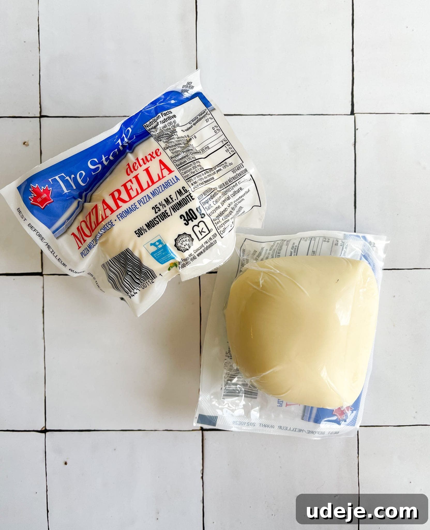 Mozzarella Kunafa Dream Made Simple 5 Mozzarella balls in plastic packaging on white tiled background.