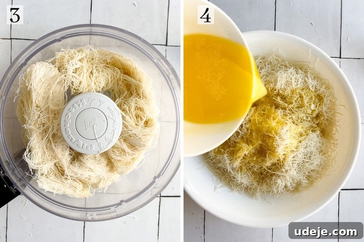 Mozzarella Kunafa Dream Made Simple 8 Shredding phyllo dough in the food processor and adding butter
