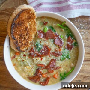 Potato, Leek & White Bean Soup in a bowl, ready to serve.