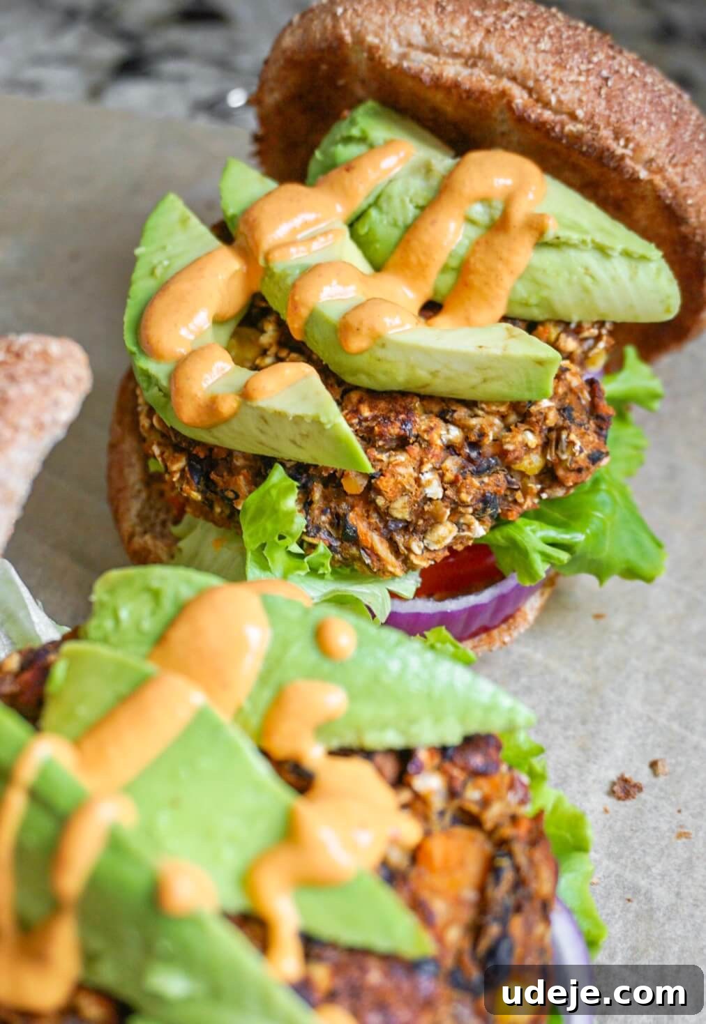 Wholesome Black Bean Sweet Potato Burgers 5 A freshly made Black Bean and Sweet Potato Veggie Burger, ready to be served.