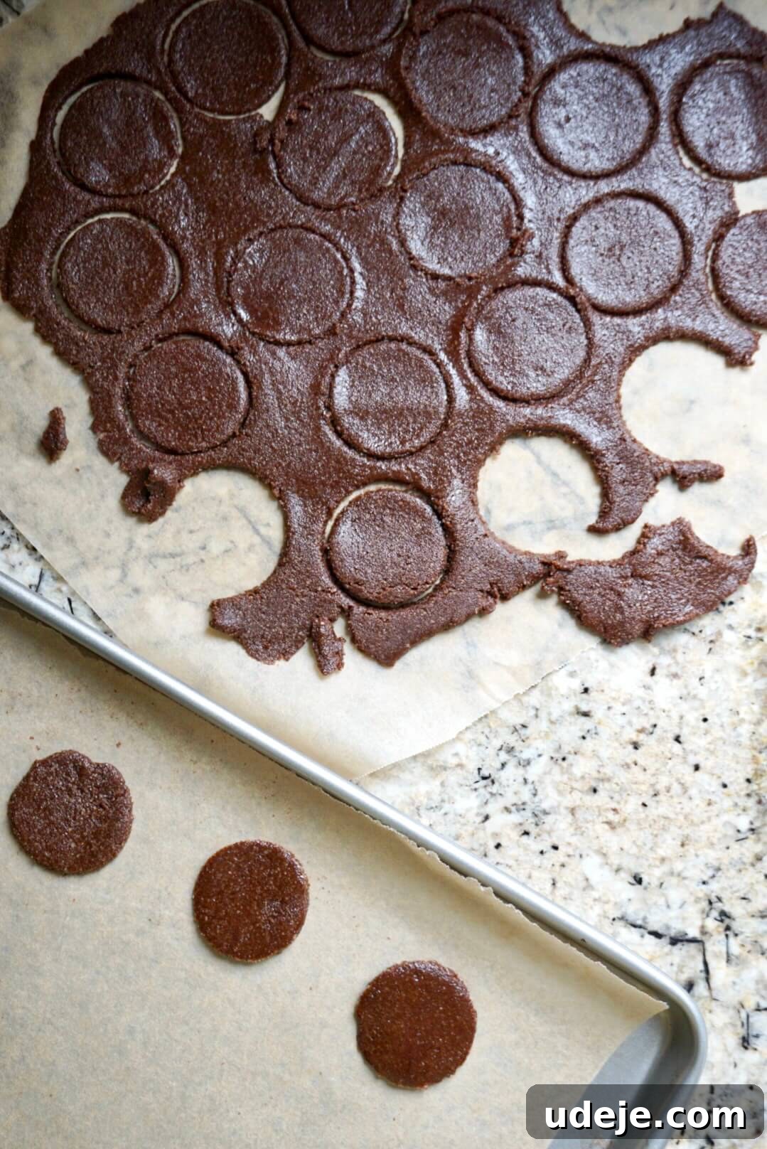 Effortless Vegan Gluten Free Thin Mints 3 Homemade Thin Mints cookie dough cut into perfect circles, ready for baking. The dark chocolate dough contrasts beautifully with the parchment paper.