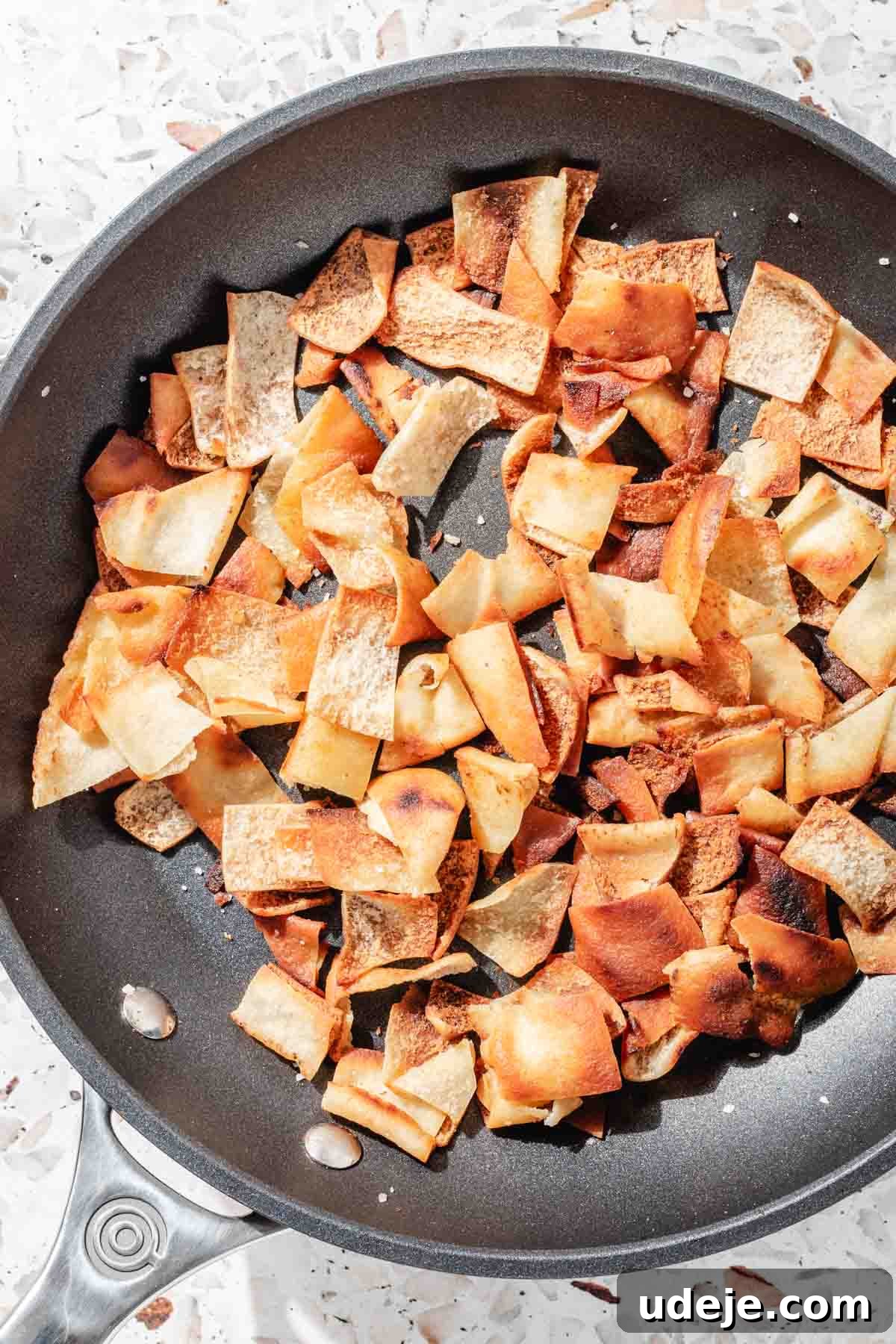 Signature Restaurant Fattoush 5 fried pita bread cut up in small one inch squares placed in a medium black skillet