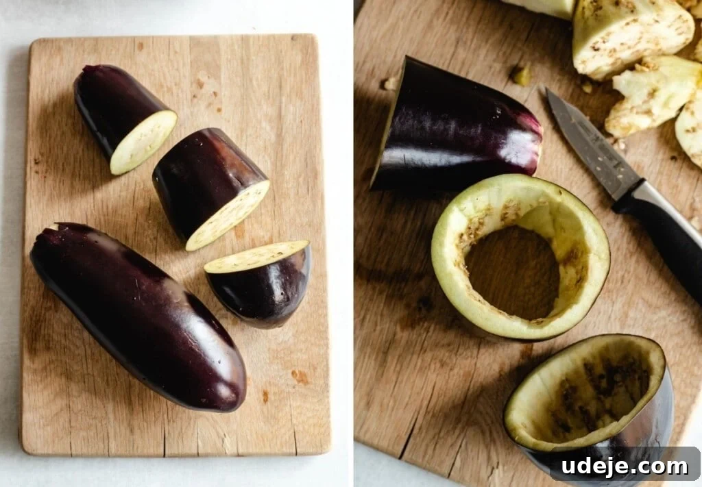 Regal Stuffed Eggplant and Onions 6 Cored eggplant pieces on a cutting board, ready for frying.