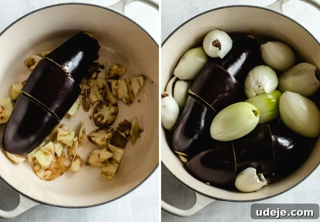 Regal Stuffed Eggplant and Onions 9 Cored and stuffed eggplant and stuffed onions layered tightly in a pot.