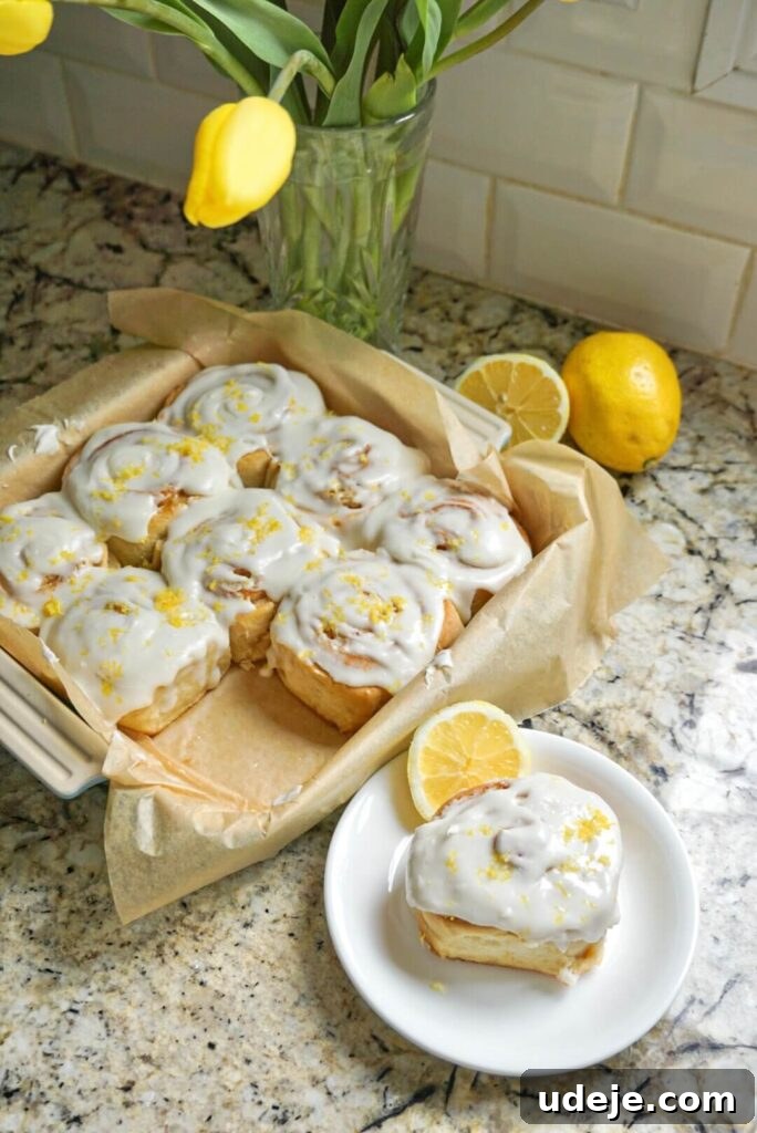 Zesty Vegan Lemon Rolls 2 Freshly baked Vegan Lemon Sweet Rolls topped with cream cheese frosting and lemon zest, ready for serving on a white plate.