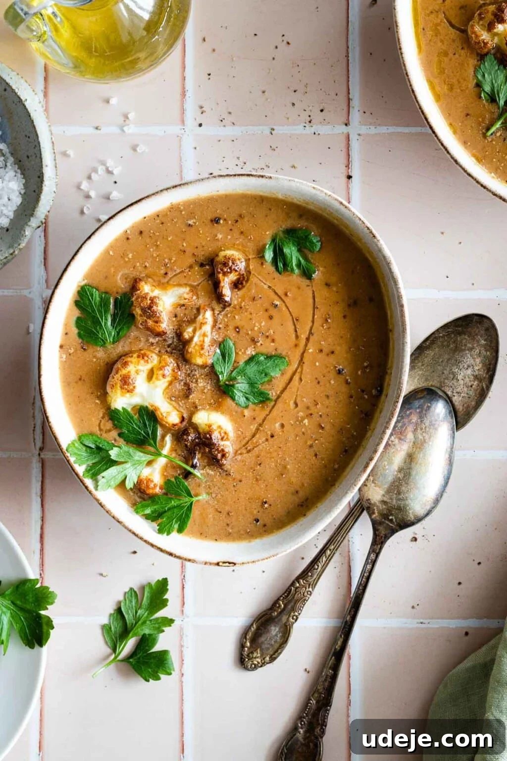 Creamy Cauliflower Soup with Golden Caramelized Onions 2 Cauliflower soup served in two bowls, garnished with roasted cauliflower florets and fresh parsley