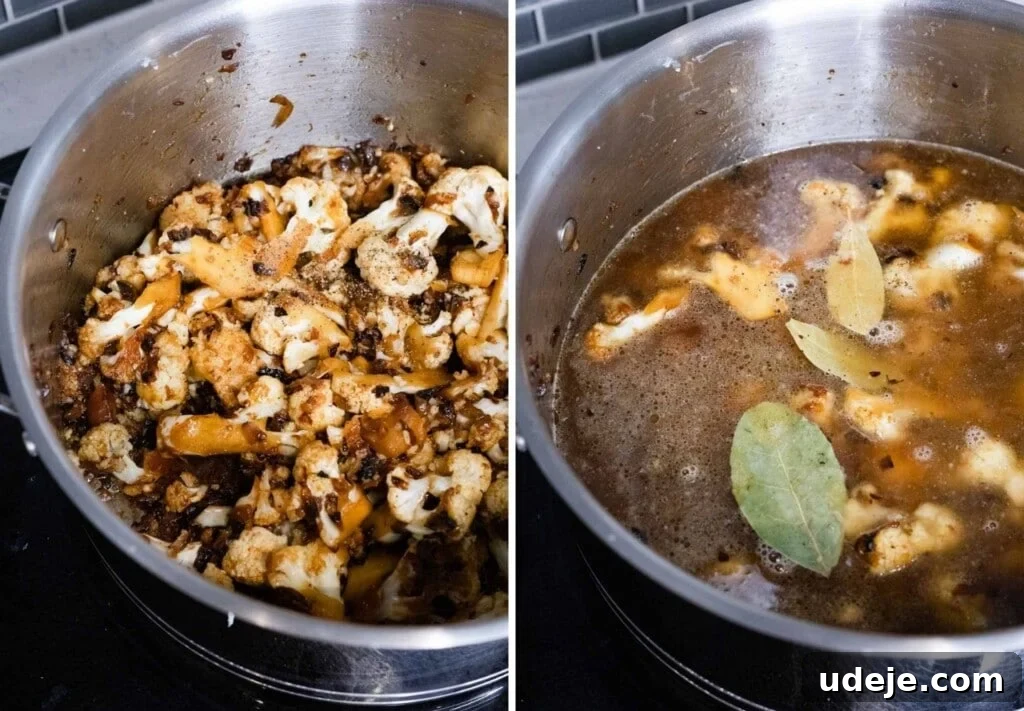 Creamy Cauliflower Soup with Golden Caramelized Onions 4 Process steps for making caramelized onion cauliflower soup, showing sautéing onions and cauliflower in a pot