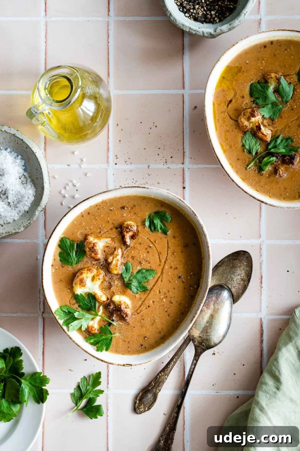Creamy Cauliflower Soup with Golden Caramelized Onions 6 Caramelized onion cauliflower soup served in two rustic bowls, garnished with fresh parsley and olive oil