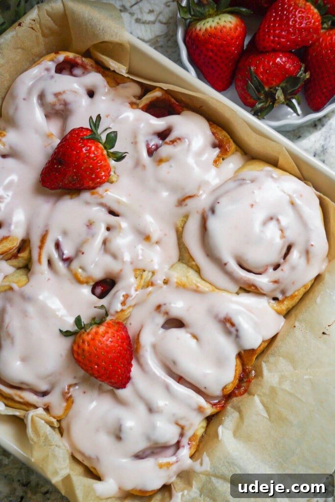 Plant-Based Strawberry Swirls 2 Delicious Vegan Strawberry Rolls swirled with strawberry jam, fresh strawberries, and topped with rich cream cheese icing, evoking sweet summertime flavors.