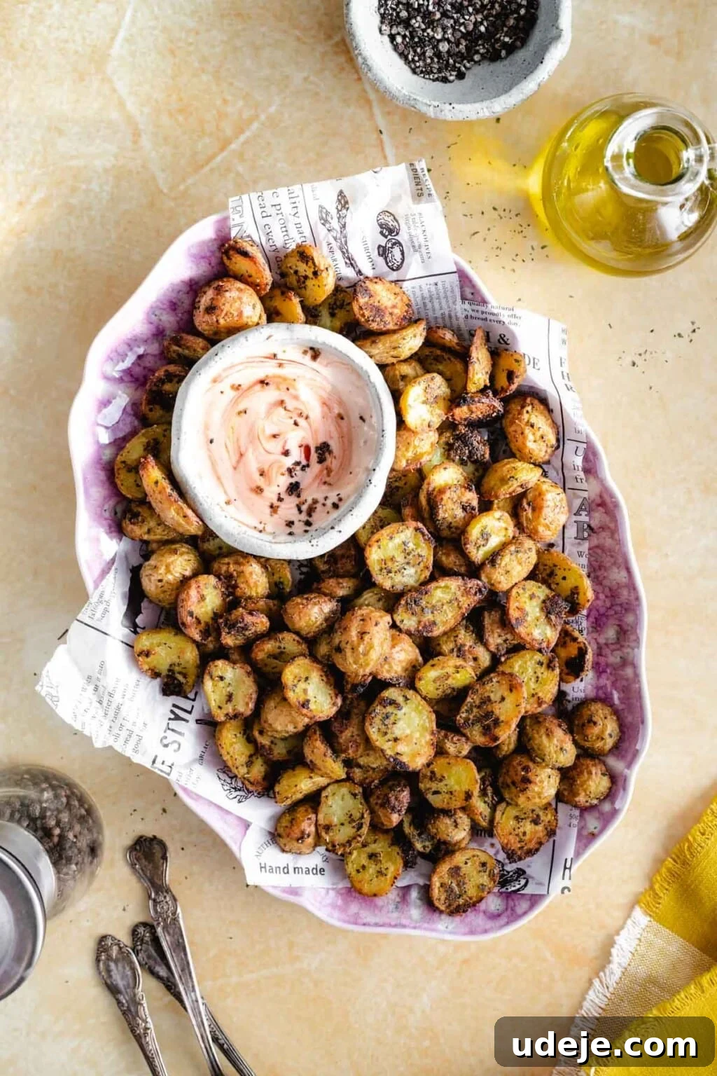 Perfectly Crispy Roasted Potatoes 2 A vibrant platter of crispy roasted potatoes, seasoned to perfection and served with a creamy dipping sauce on the side.