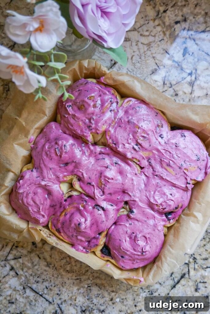 Plant-Based Blueberry Morning Buns 6 Overhead shot of freshly baked Vegan Blueberry Rolls in a baking dish, before frosting.
