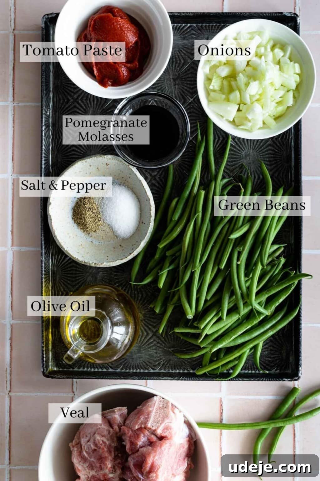 Effortless Green Bean Stew Instant Pot and Stovetop 3 fresh green beans, rich tomato paste, sweet pomegranate molasses, diced onions, tender veal shoulder, and olive oil with salt and pepper for a classic Middle Eastern green bean stew