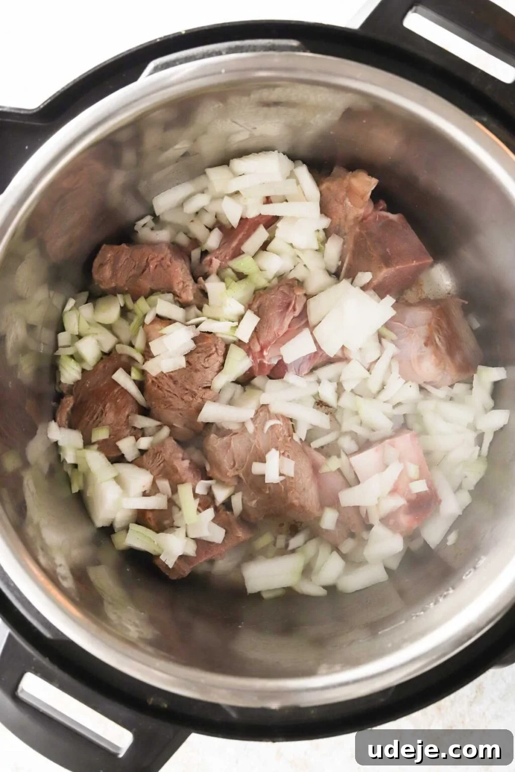 Effortless Green Bean Stew Instant Pot and Stovetop 8 diced onions softening with browned veal in an Instant Pot