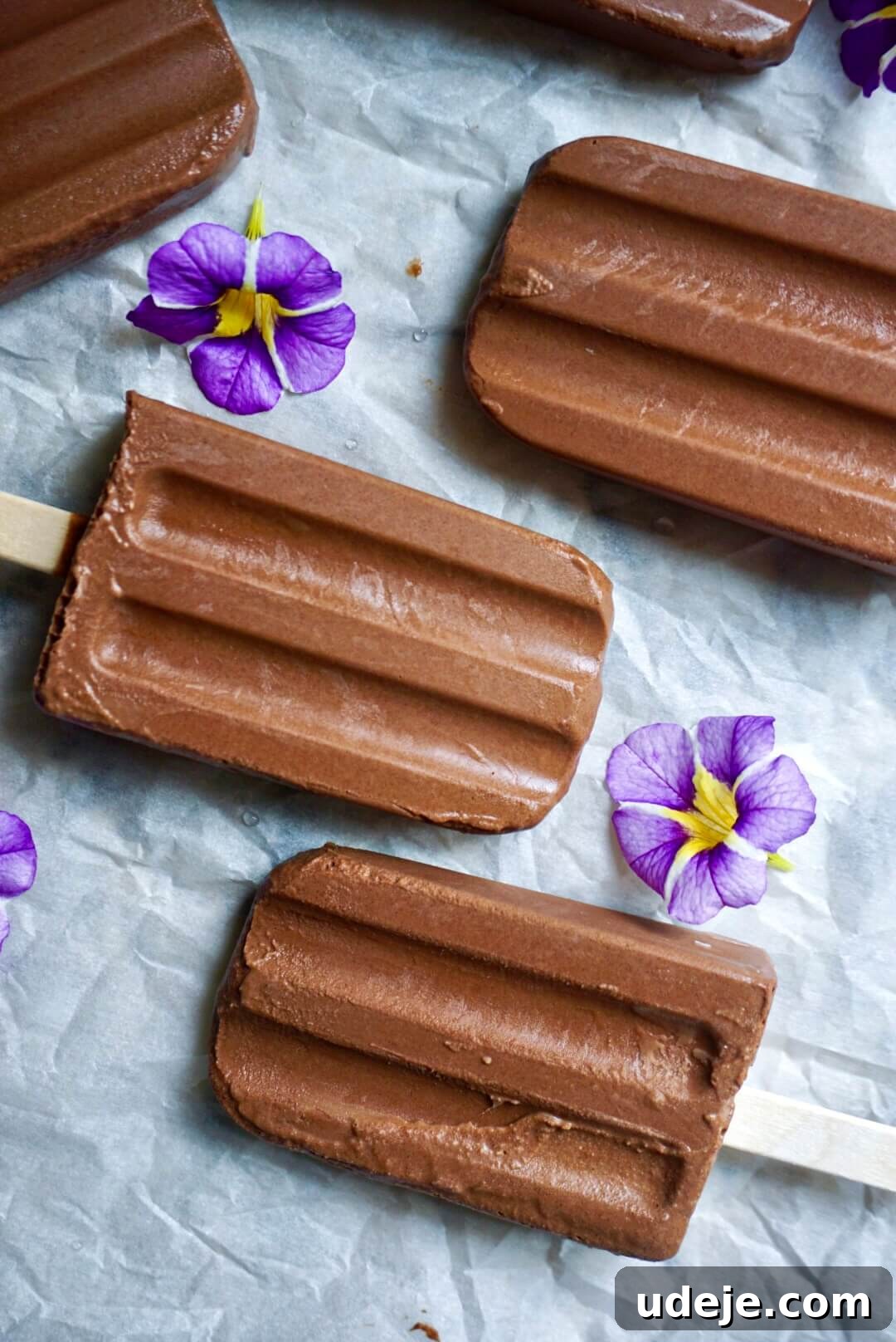 Plant Based Decadent Fudge Pops 3 Close up image of healthy fudgesicles in molds, showing the creamy texture.