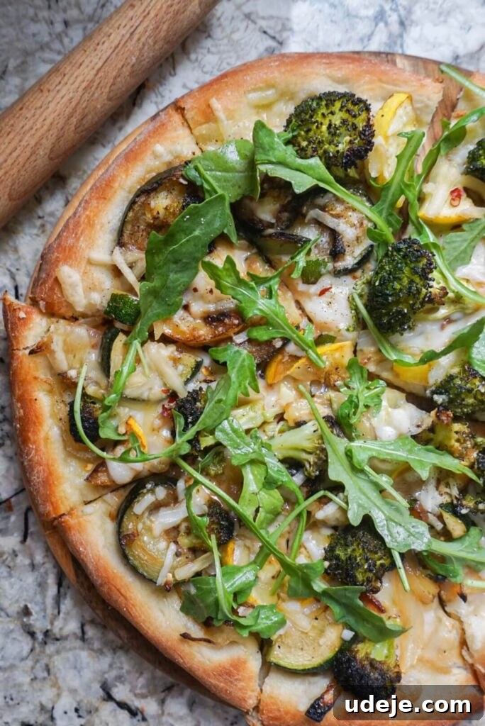 Sun-Kissed Vegan Squash Pizza 3 Close-up of freshly baked Vegan Summer Squash Pizza