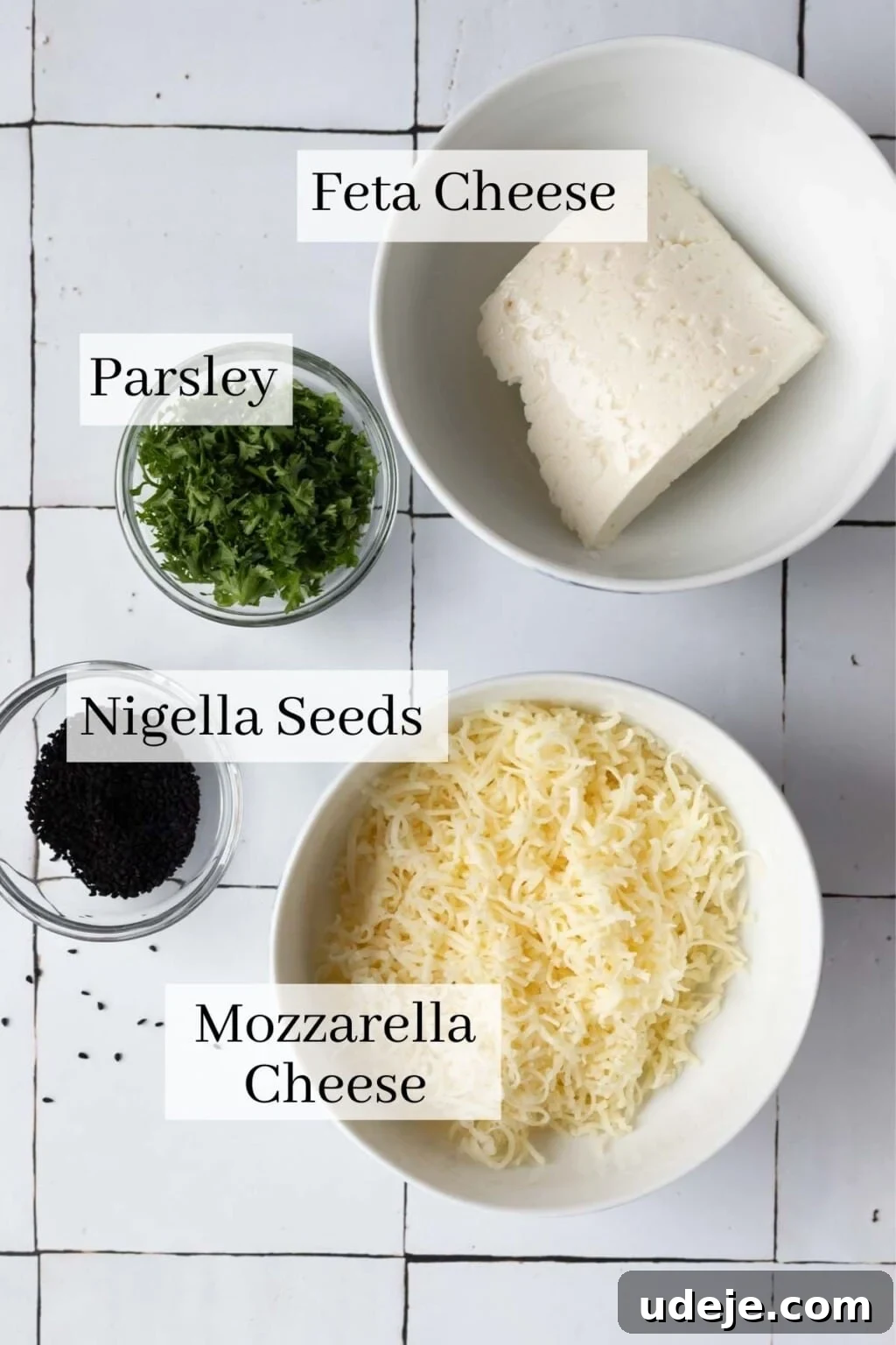 Authentic Homemade Spinach and Cheese Fatayer 5 Ingredients for cheese fatayer: feta cheese, parsley, mozzarella cheese, nigella seeds