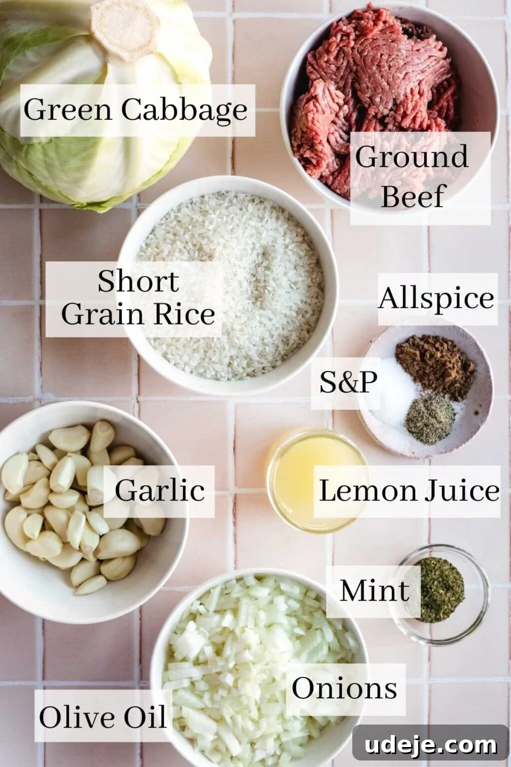 Authentic Lebanese Cabbage Rolls 3 Ingredients for malfouf which include rice, ground beef, green cabbage, garlic, lemon juice, olive oil, onions, and spices