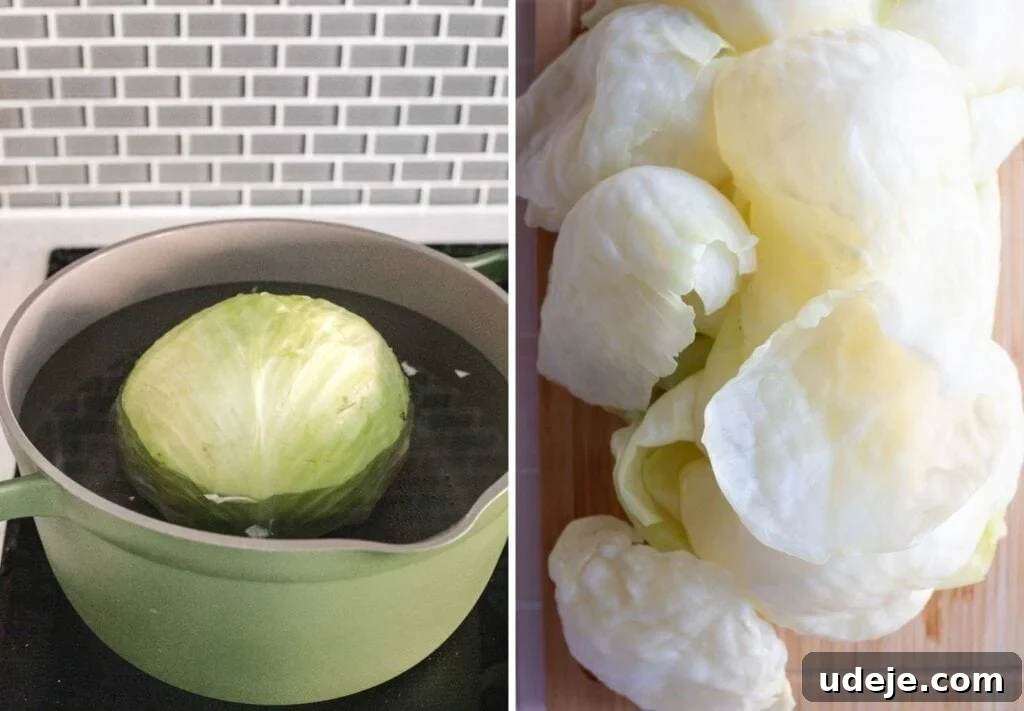 Authentic Lebanese Cabbage Rolls 5 Process shot for loosening cabbage leaves showing cabbage boiling in a pot and loose cabbage leaves