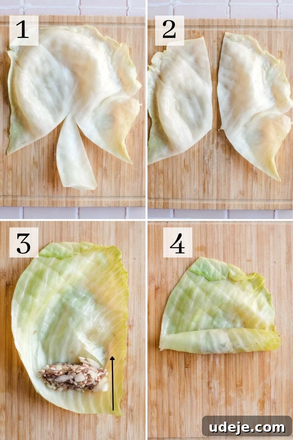 Authentic Lebanese Cabbage Rolls 7 Process shots for how to roll cabbage leaves with rice and meat stuffing