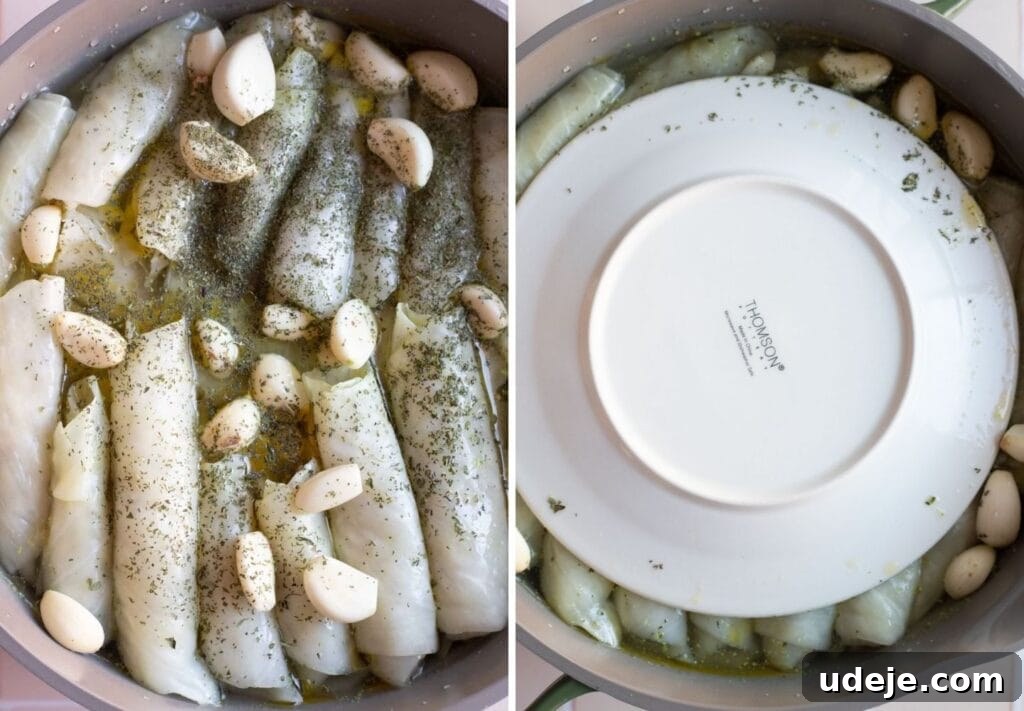 Authentic Lebanese Cabbage Rolls 10 Process shot for layering malfouf in a pot, showing cabbage rolls submerged in broth with garlic and dried mint, with a plate on top