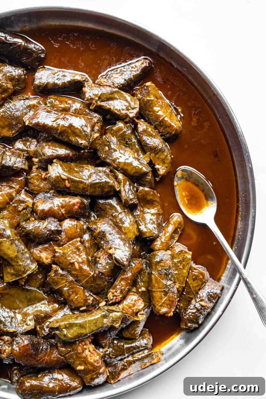 Authentic Yalanji Vegetarian Stuffed Grape Leaves 12 Vegetarian stuffed grape leaves (Yalanji) elegantly arranged in a serving tray.
