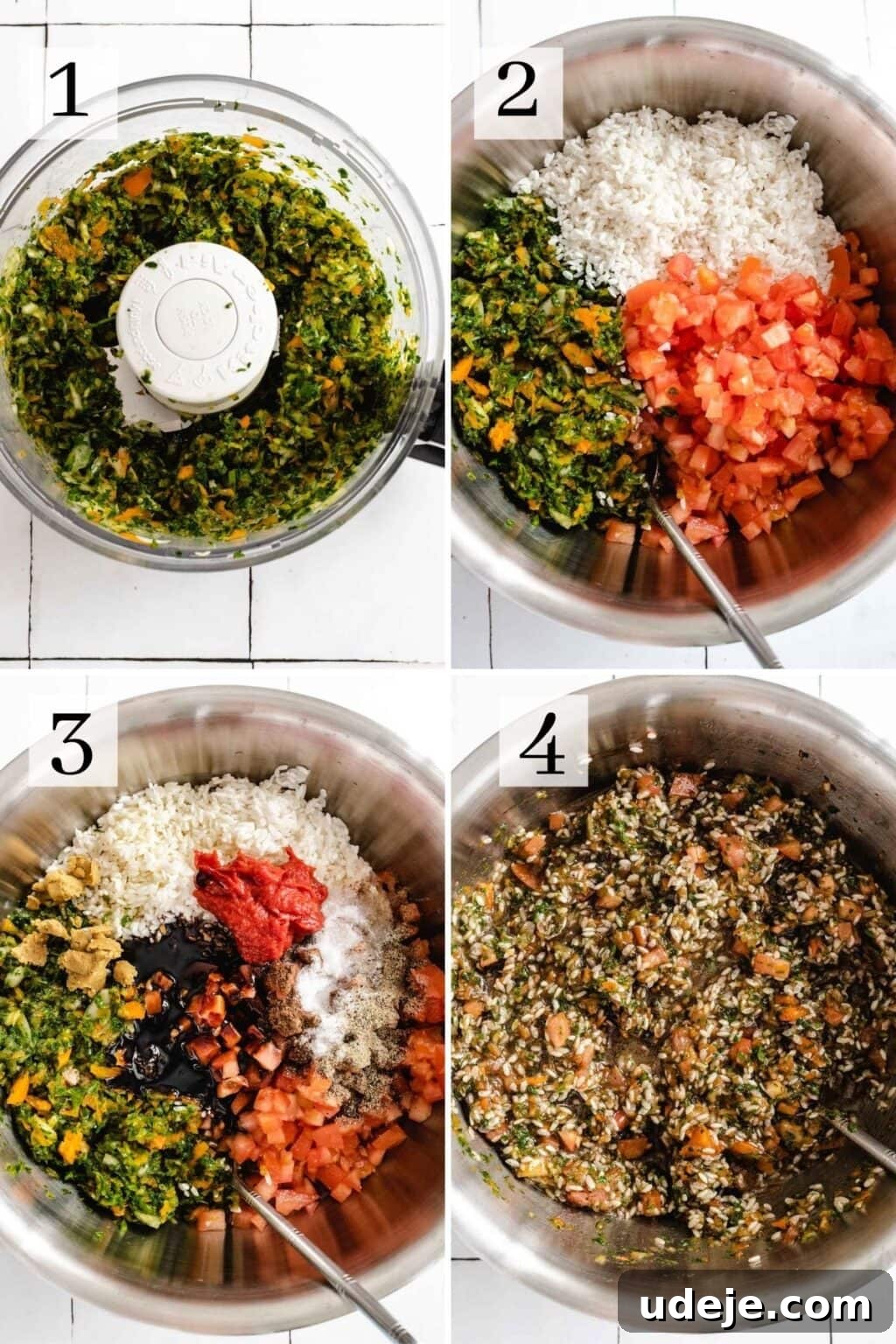 Authentic Yalanji Vegetarian Stuffed Grape Leaves 5 A step-by-step visual of preparing the vegetarian grape leaves stuffing mixture in a bowl.