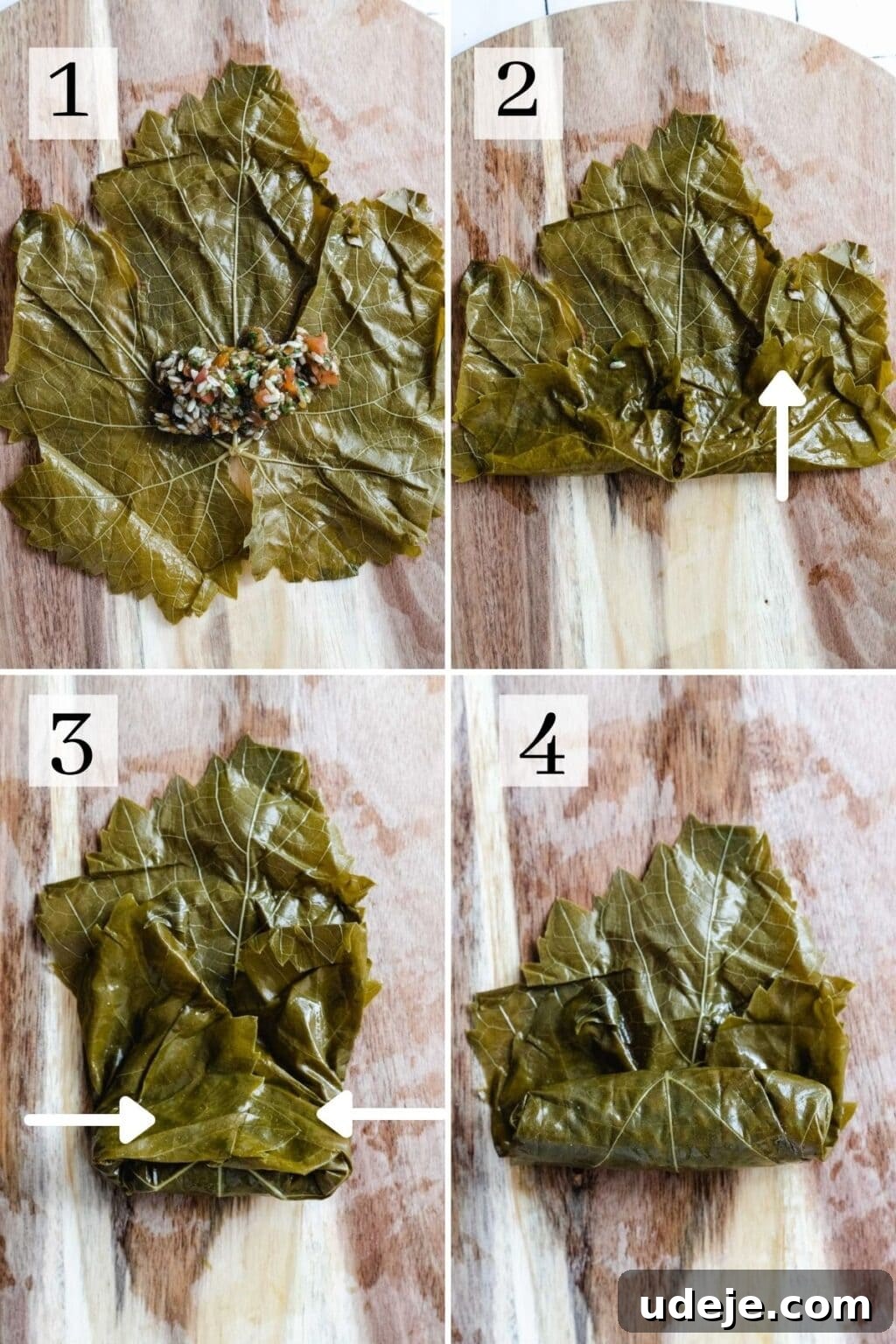 Authentic Yalanji Vegetarian Stuffed Grape Leaves 8 Step-by-step guide illustrating the technique for rolling vegetarian stuffed grape leaves.