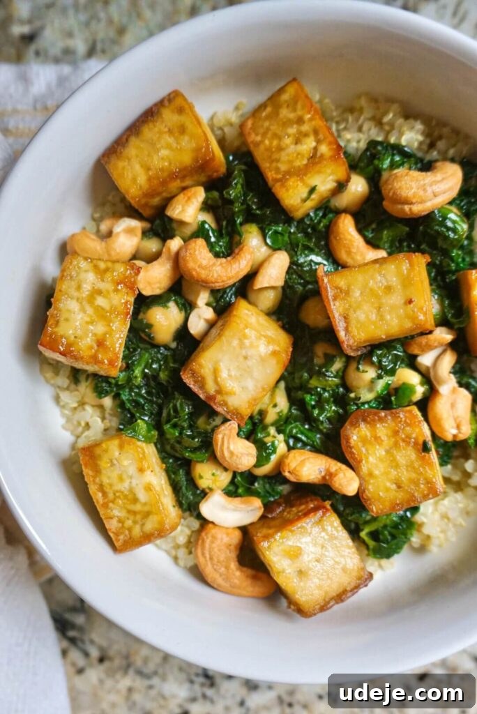 Plant-Powered Tofu, Spinach, and Chickpea Quinoa Bowl 3 This Baked Tofu, Spinach & Chickpea Quinoa Bowl is made with wholesome ingredients making it the perfect option for a satisfying lunch or dinner.