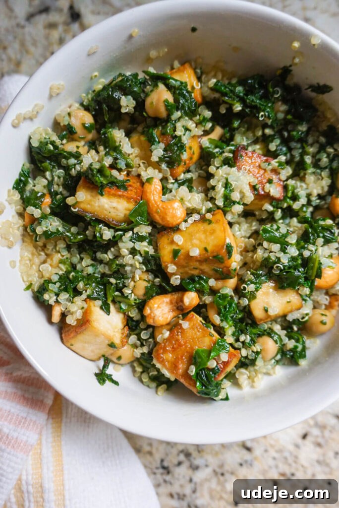 Plant-Powered Tofu, Spinach, and Chickpea Quinoa Bowl 4 This Baked Tofu, Spinach & Chickpea Quinoa Bowl is made with wholesome ingredients making it the perfect option for a satisfying lunch or dinner.
