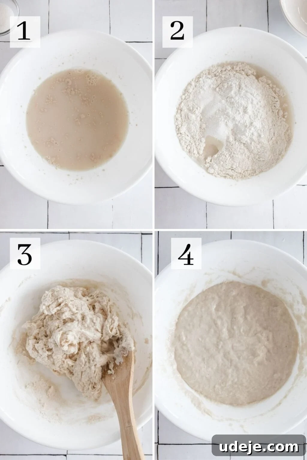 Crunchy Middle Eastern Luqaimat and Awamat Fritters 5 A dynamic sequence showing the preparation of Luqaimat dough: initially, water is added to yeast, followed by flour, cornstarch, and salt, culminating in the vigorous kneading of the soft, sticky dough.