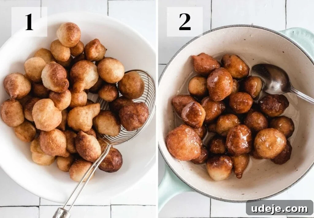 Crunchy Middle Eastern Luqaimat and Awamat Fritters 8 A captivating process shot illustrating the final steps of preparing Luqaimat: freshly fried dough balls are shown, followed by a close-up of them being dipped and generously coated in rich sugar syrup.