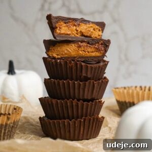 Close-up of a homemade Pumpkin Peanut Butter Cup with chocolate and creamy filling.