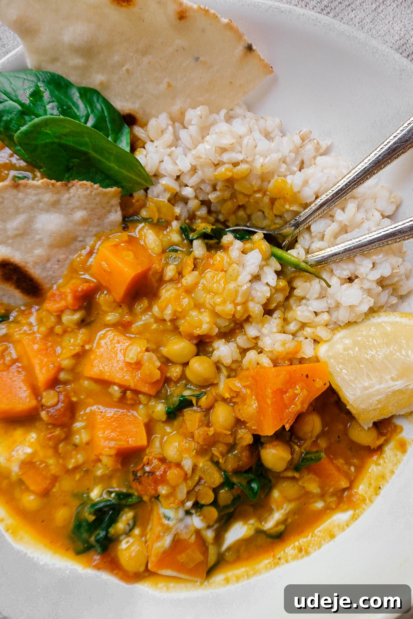 Spiced Chickpea Sweet Potato Lentil Delight 3 Close-up shot of Chickpea, Sweet Potato, and Lentil Curry with naan and spoons