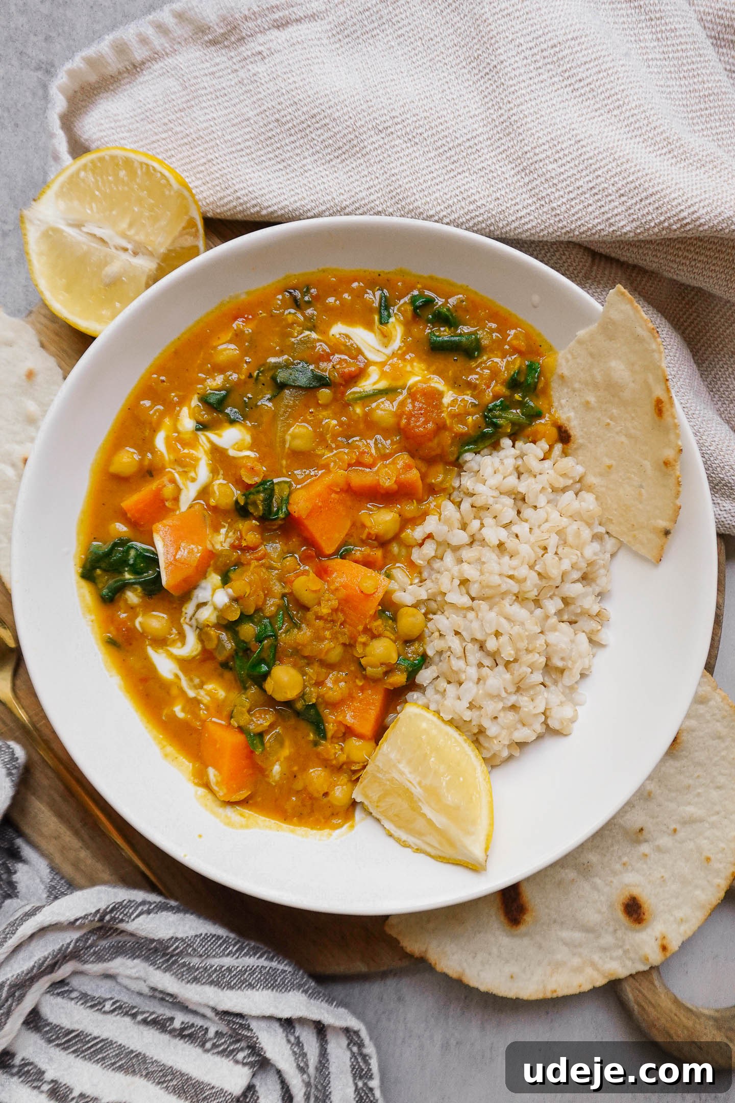 Spiced Chickpea Sweet Potato Lentil Delight 4 Overhead shot of curry in a bowl with brown rice, naan, and a lemon wedge